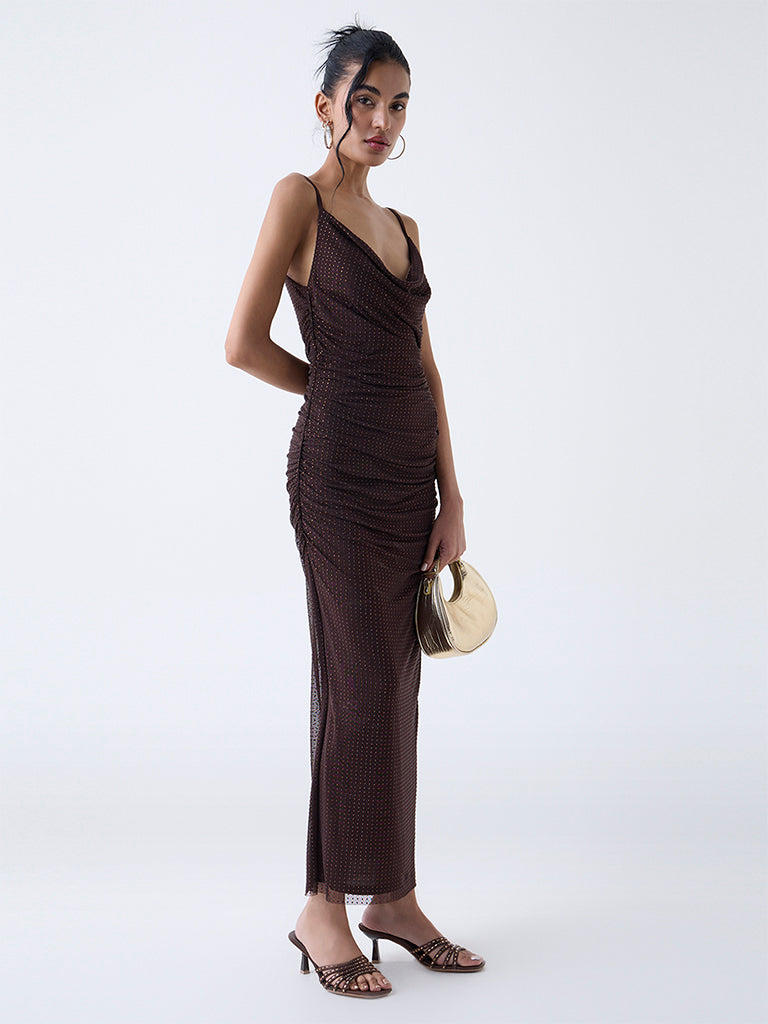 Nuon Dark Brown Embellished Party Bodycon Dress