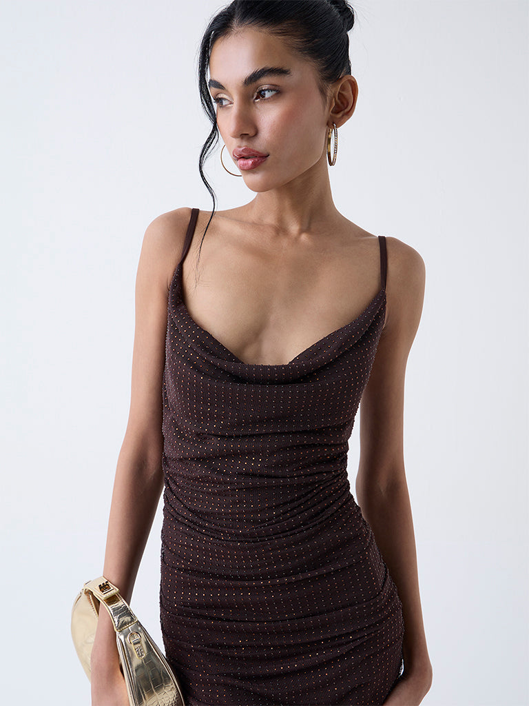 Nuon Dark Brown Embellished Party Bodycon Dress