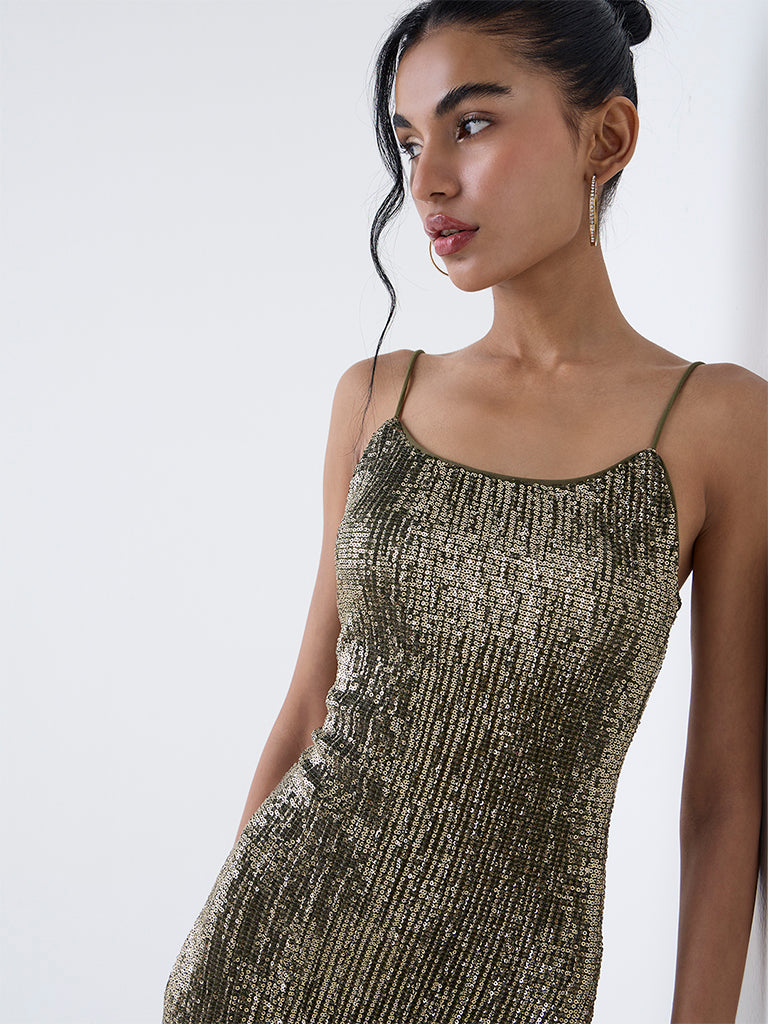 Nuon Olive Sequin Embellished Party Bodycon Dress