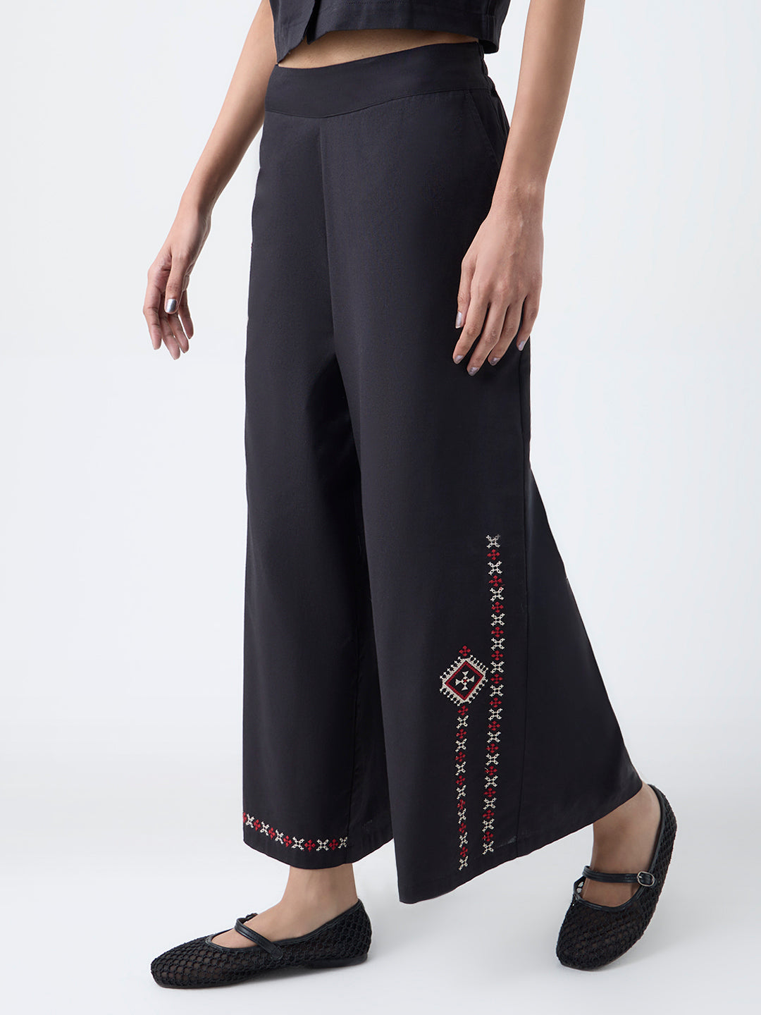 Bombay Paisley Black Embroidered Cotton-Blend Pants