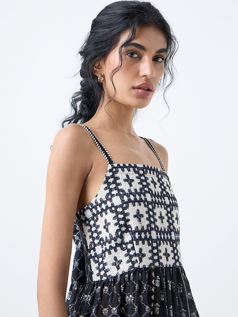 Bombay Paisley Black Embroidered Cotton Tiered Dress