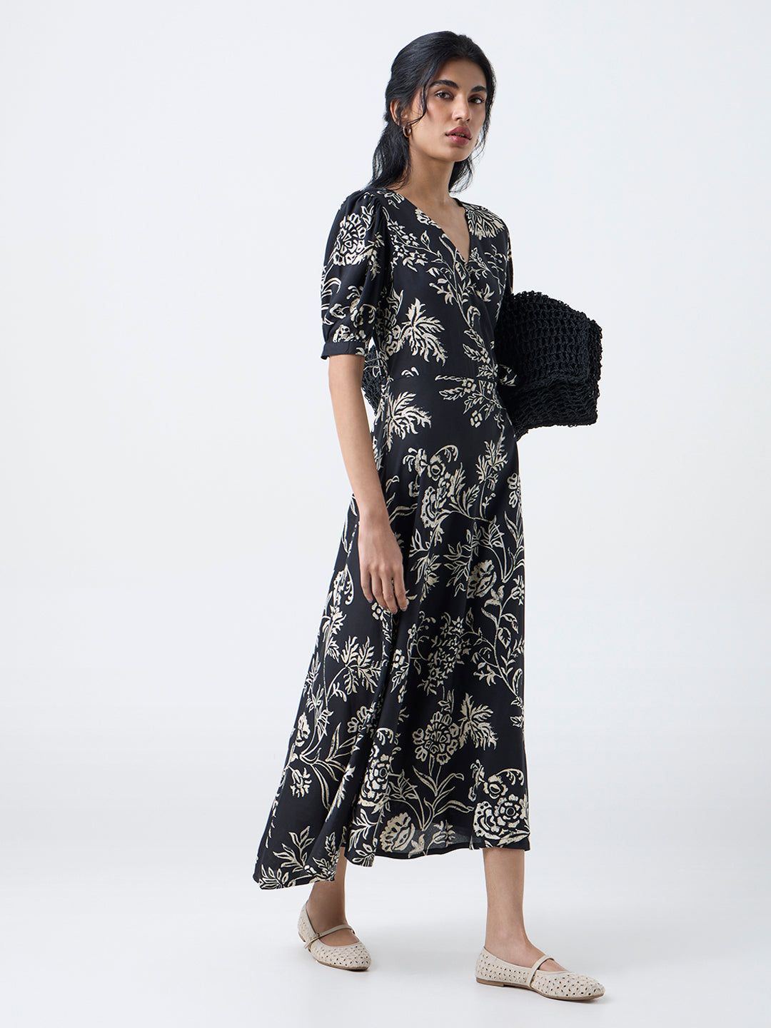 Bombay Paisley Black Foliage Pattern Wrap-Style Dress