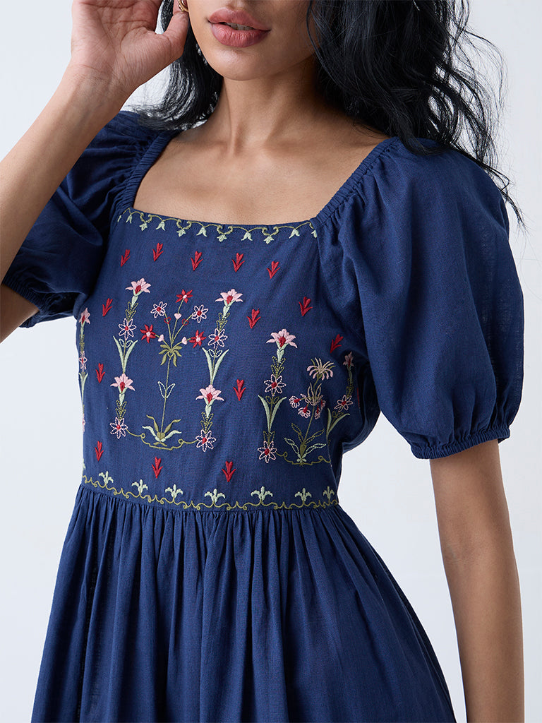 Buy Bombay Paisley Dark Blue Embroidered Cotton Tiered Dress from Westside