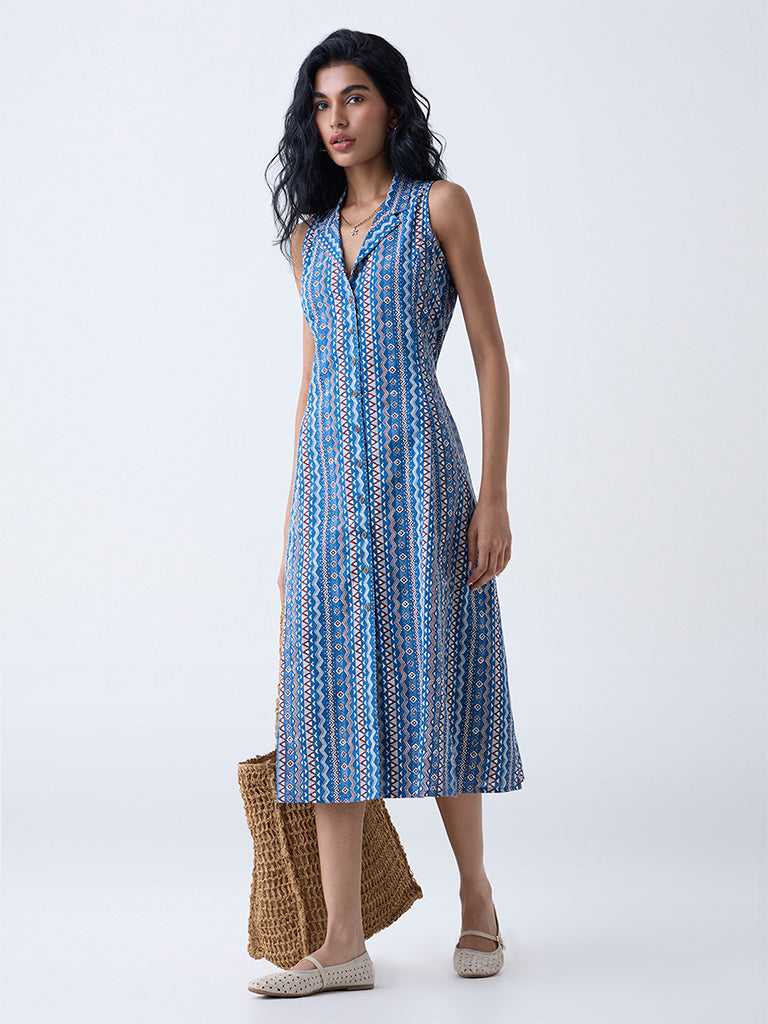 Bombay Paisley Blue Aztec Printed Cotton-Blend Shirt Dress
