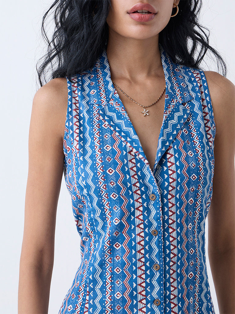 Bombay Paisley Blue Aztec Printed Cotton-Blend Shirt Dress