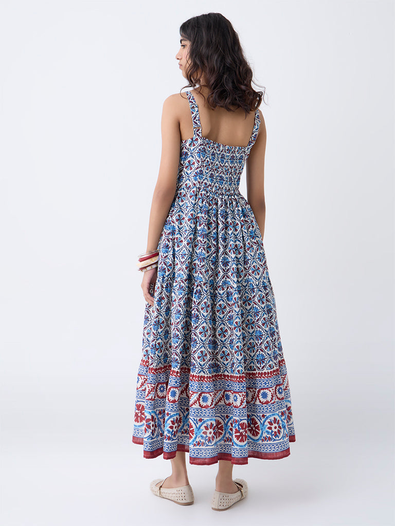 Buy Bombay Paisley Blue Floral Cotton Tiered Dress from Westside