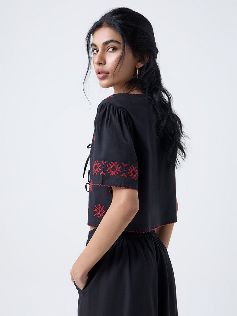 Bombay Paisley Black Embroidered Cotton Top