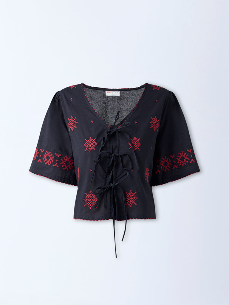 Bombay Paisley Black Embroidered Cotton Top