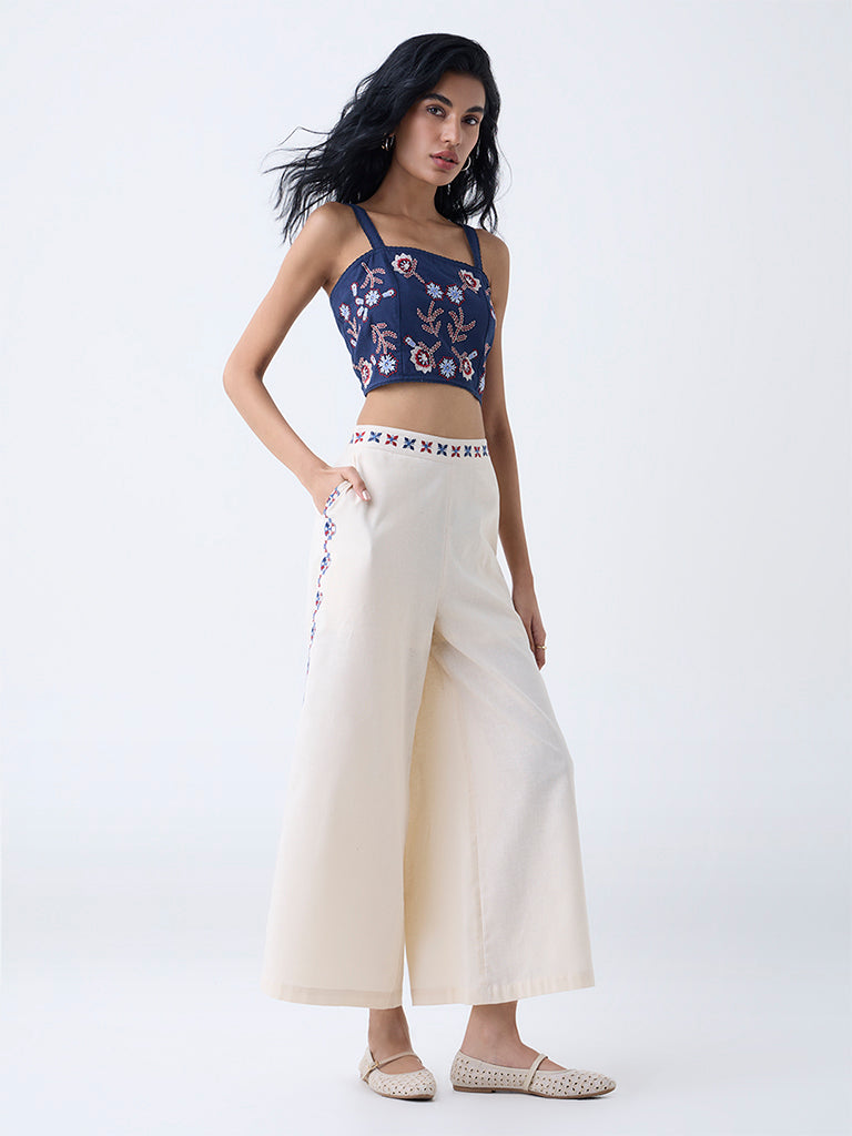 Bombay Paisley Indigo Floral Embroidered Cotton-Blend Top