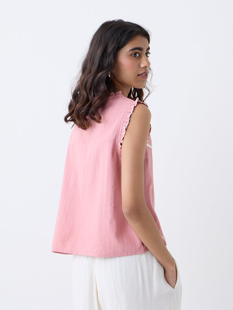Bombay Paisley Pink Embroidered Cotton-Blend Top
