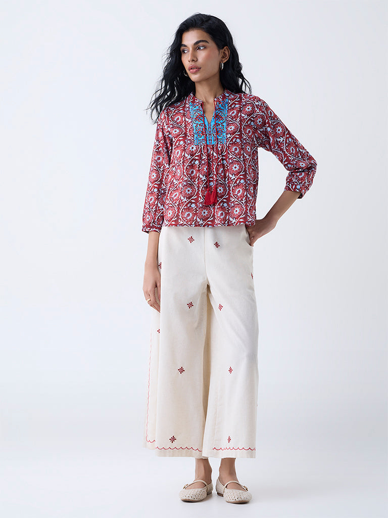 Bombay Paisley Red Foliage Printed Cotton Top
