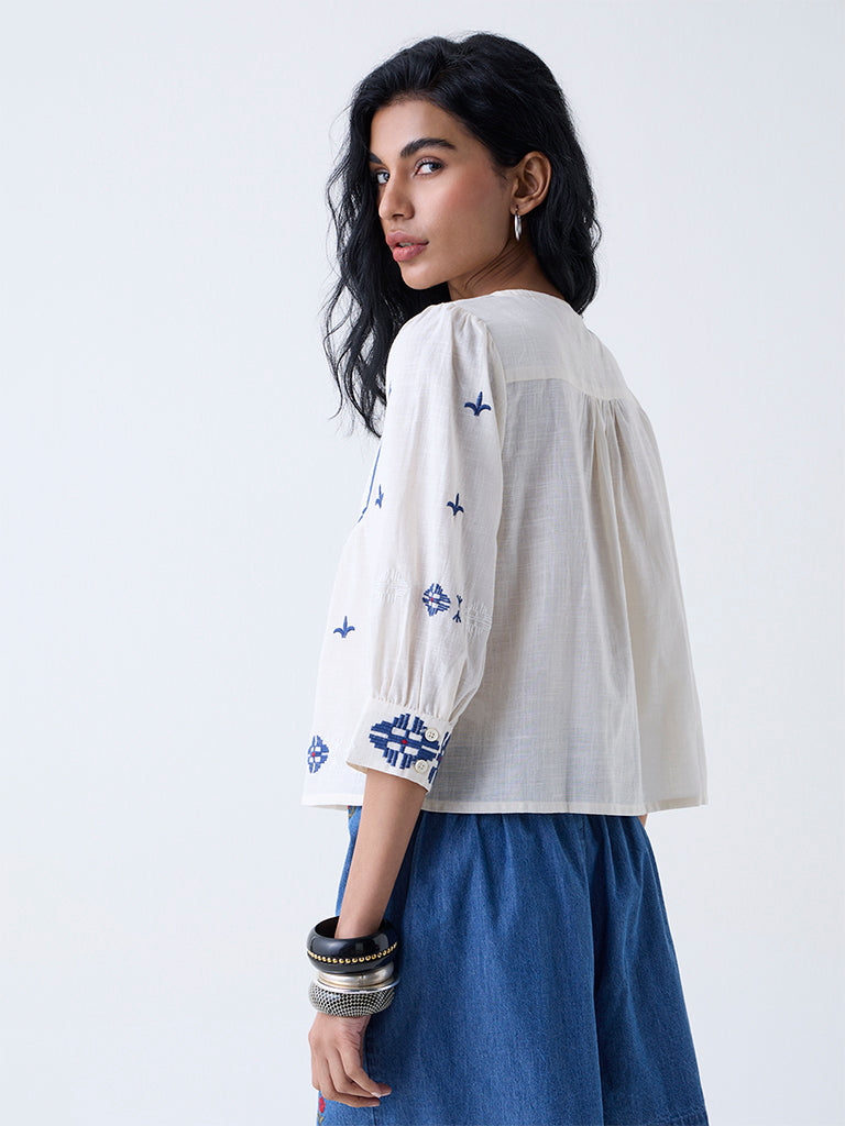 Bombay Paisley Off-White Embroidered Cotton Top