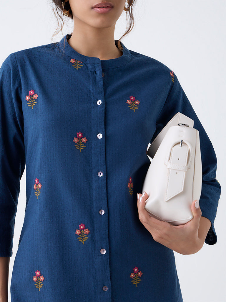 Utsa Blue Floral Embroidered A-Line Cotton Kurta