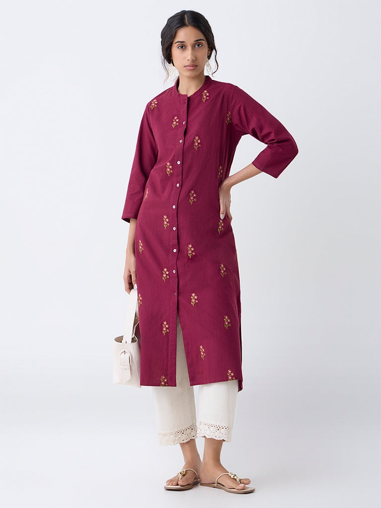 Utsa Maroon Floral Embroidered A-Line Cotton Kurta