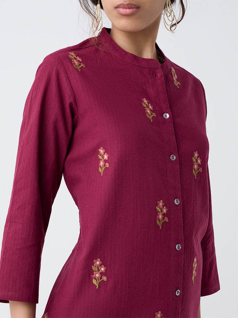 Utsa Maroon Floral Embroidered A-Line Cotton Kurta