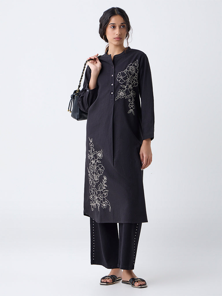 Utsa Black Floral Embroidered A-Line Kurta