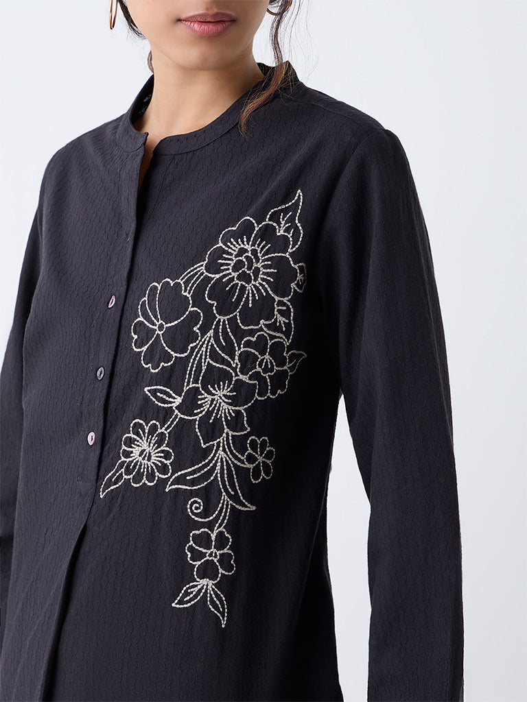 Utsa Black Floral Embroidered A-Line Kurta