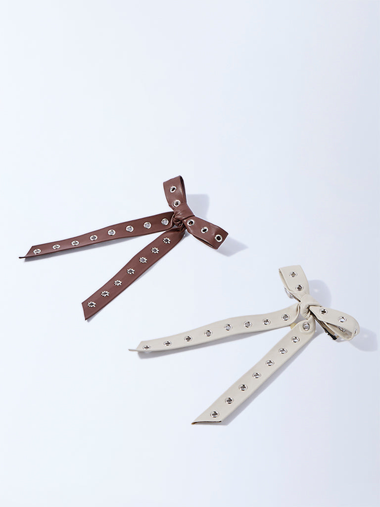 Westside Accessories Beige and Brown Bow Clips - Pack of 2