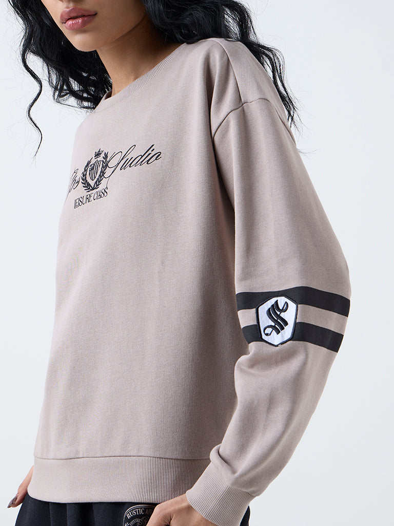 Studiofit Taupe Text Pattern Cotton-Blend Sweatshirt