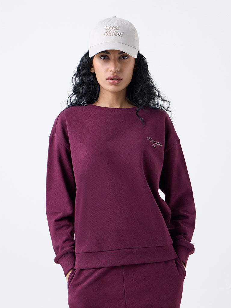 Studiofit Plum Text Design Cotton Sweatshirt