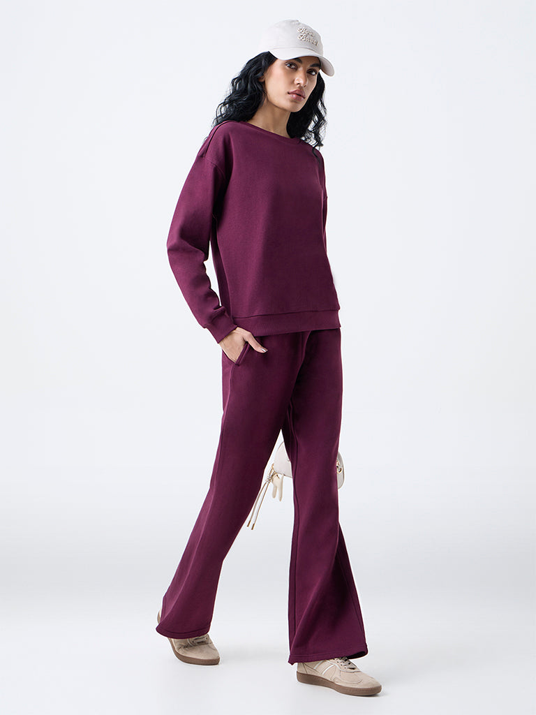 Studiofit Plum Text Design Cotton Sweatshirt