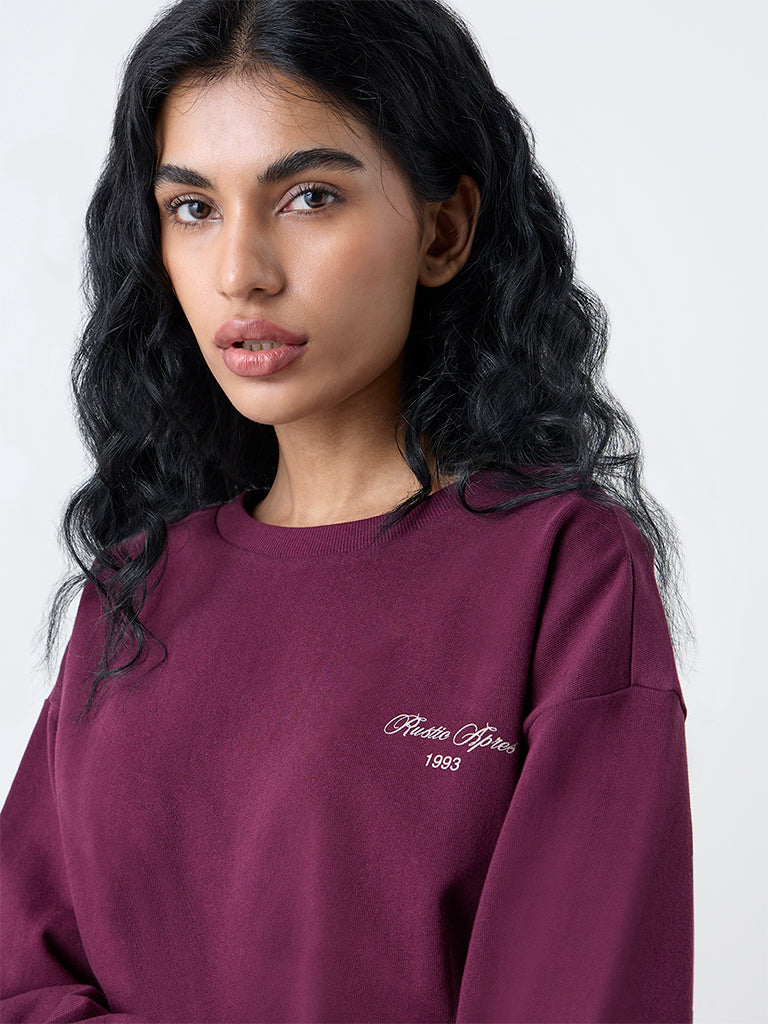 Studiofit Plum Text Design Cotton Sweatshirt