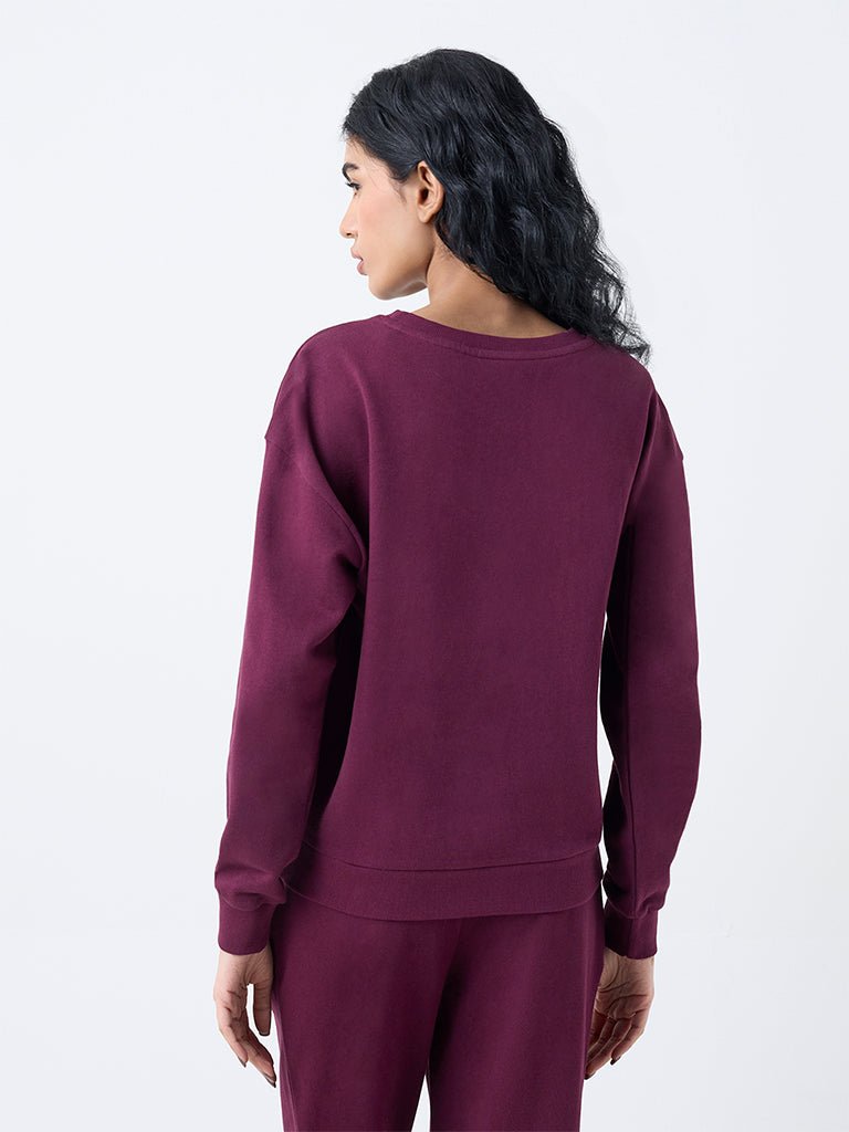 Studiofit Plum Text Design Cotton Sweatshirt