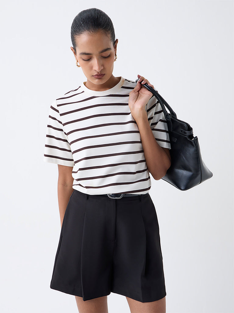 Wardrobe Cream Stripe Pattern Cotton T-Shirt