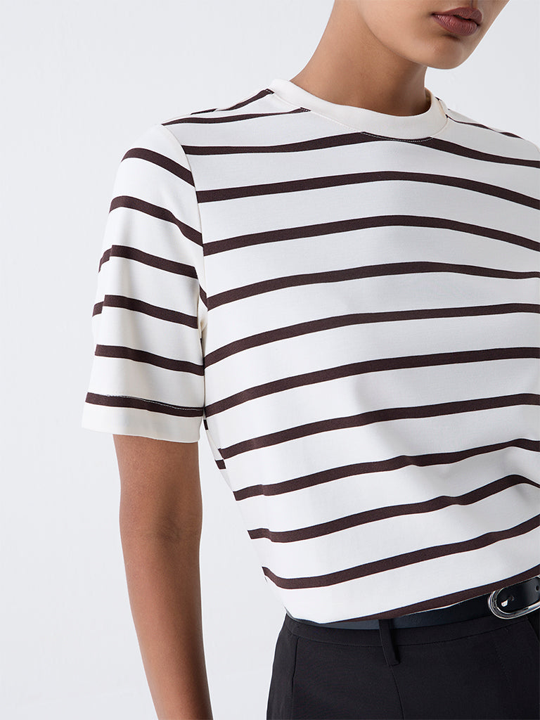 Wardrobe Cream Stripe Pattern Cotton T-Shirt