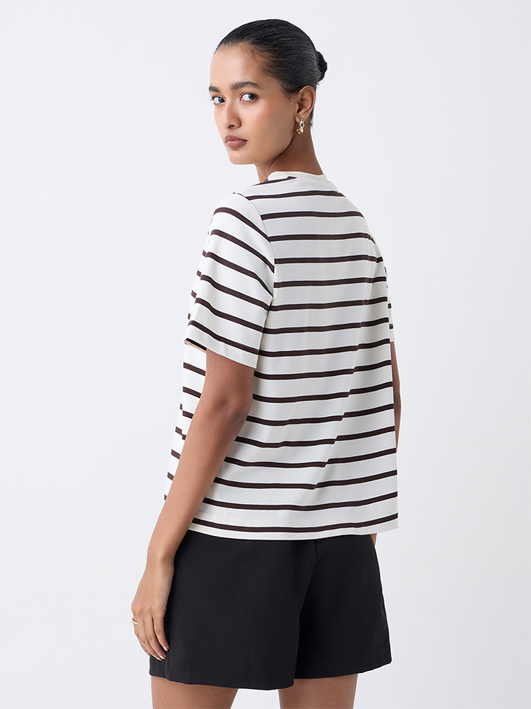 Wardrobe Cream Stripe Pattern Cotton T-Shirt
