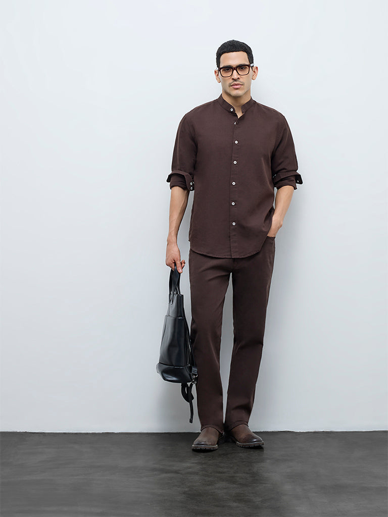Ascot Dark Brown Solid Relaxed-Fit Shirt