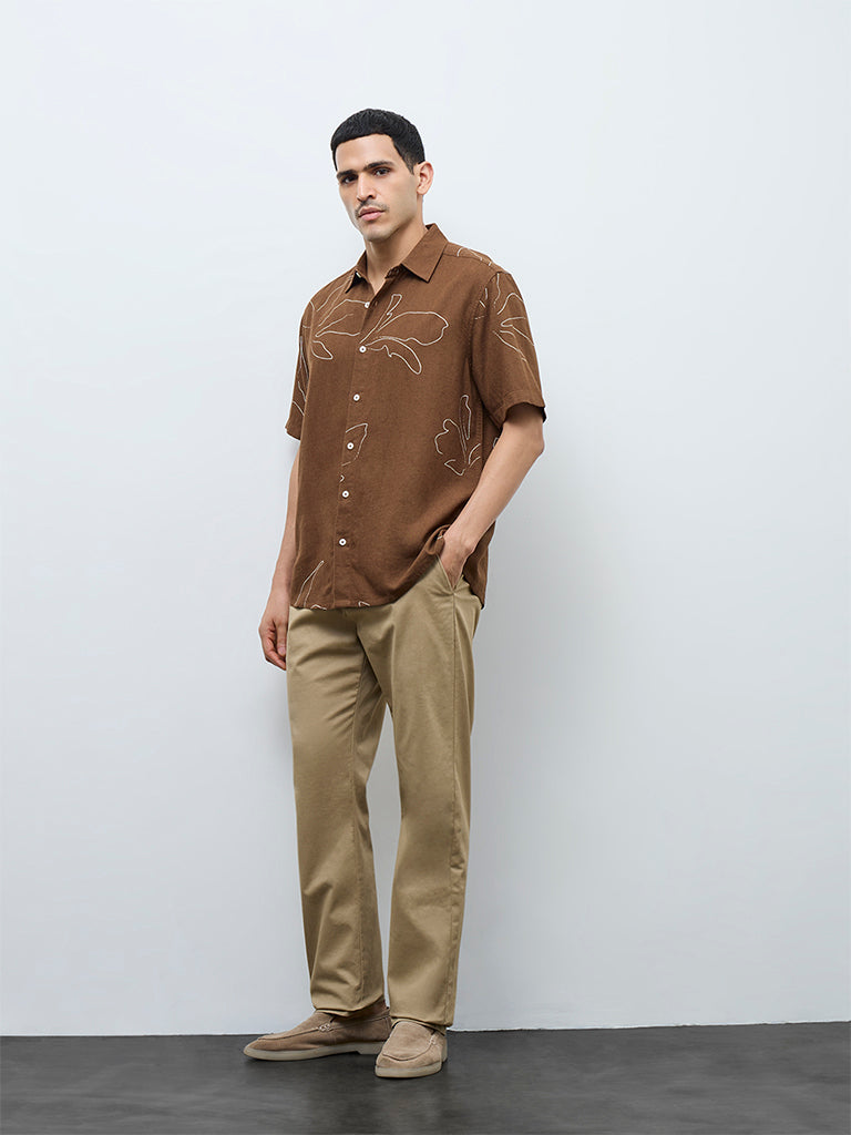 Ascot Taupe Floral Pattern Relaxed-Fit Shirt