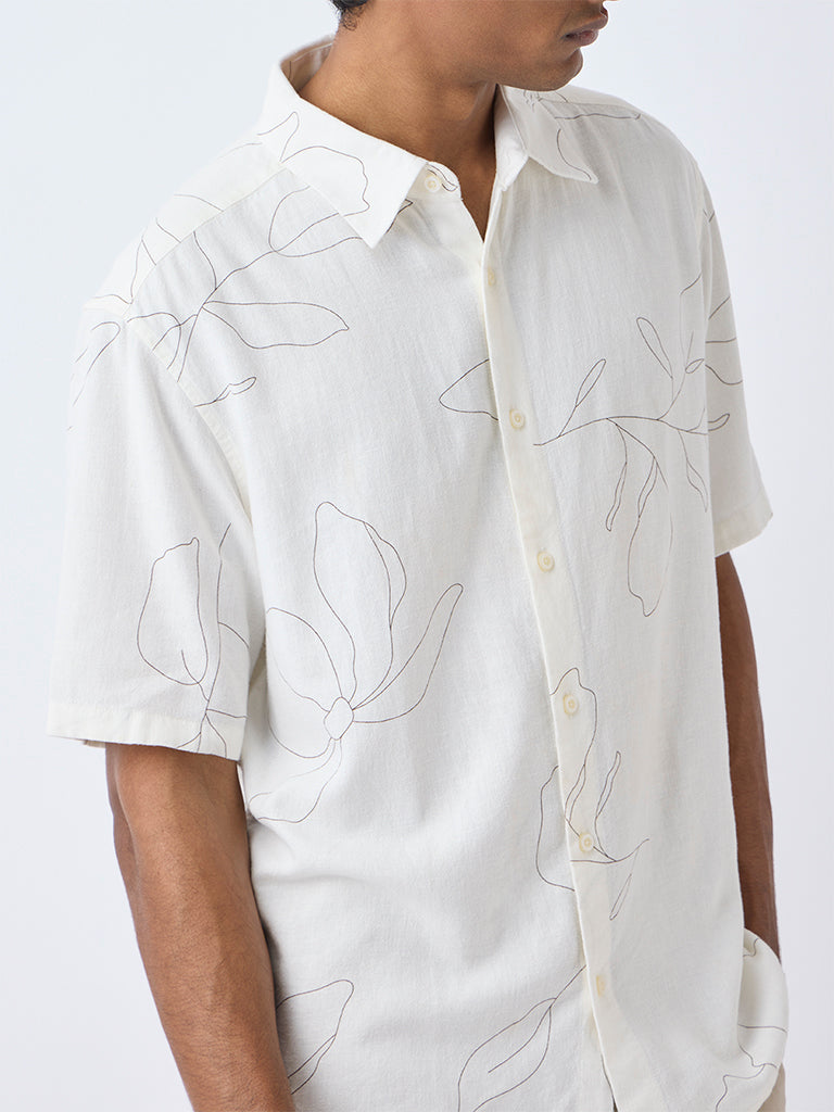 Ascot Off-White Floral Design Relaxed-Fit Shirt