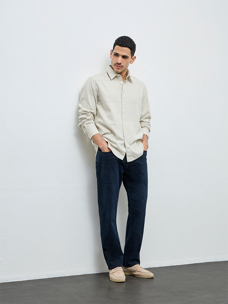 Ascot Light Taupe Checkered Relaxed-Fit Cotton Shirt