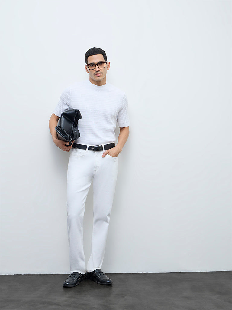 Ascot White Textured Relaxed-Fit Cotton T-Shirt