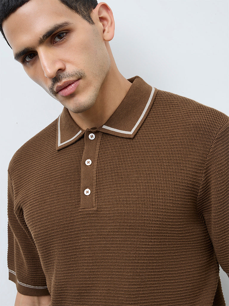 Buy Ascot Tan Knit-Textured Relaxed-Fit Cotton-Blend Polo T-Shirt
