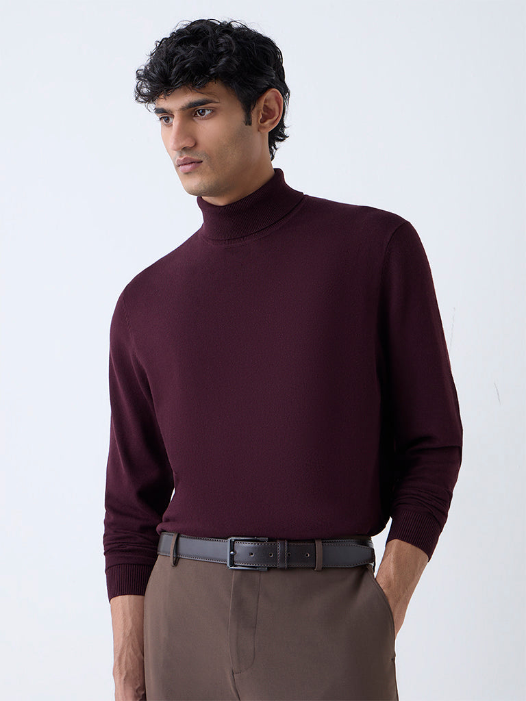 WES Formals Wine Slim-Fit Turtleneck Sweater