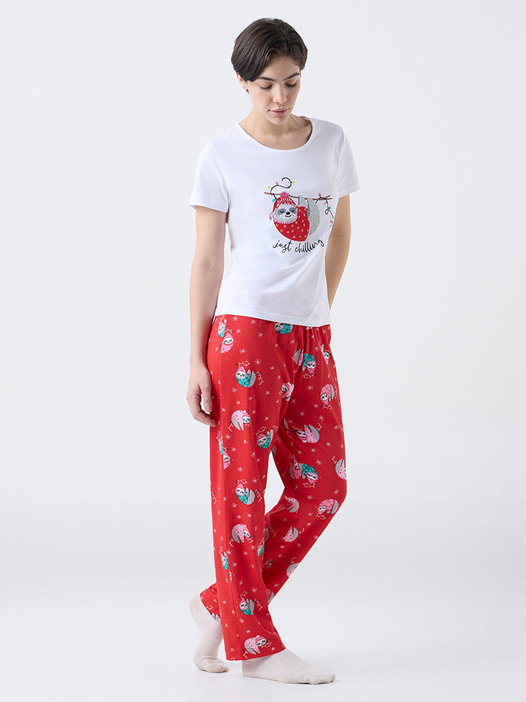 Wunderlove White Animal Printed Cotton T-Shirt and Pyjamas Set