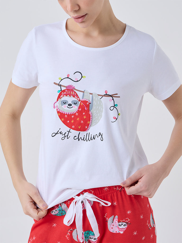 Wunderlove White Animal Printed Cotton T-Shirt and Pyjamas Set