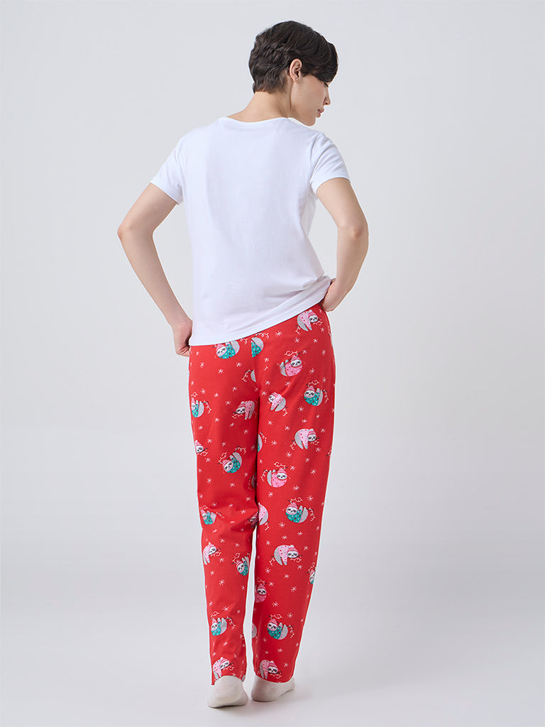 Wunderlove White Animal Printed Cotton T-Shirt and Pyjamas Set
