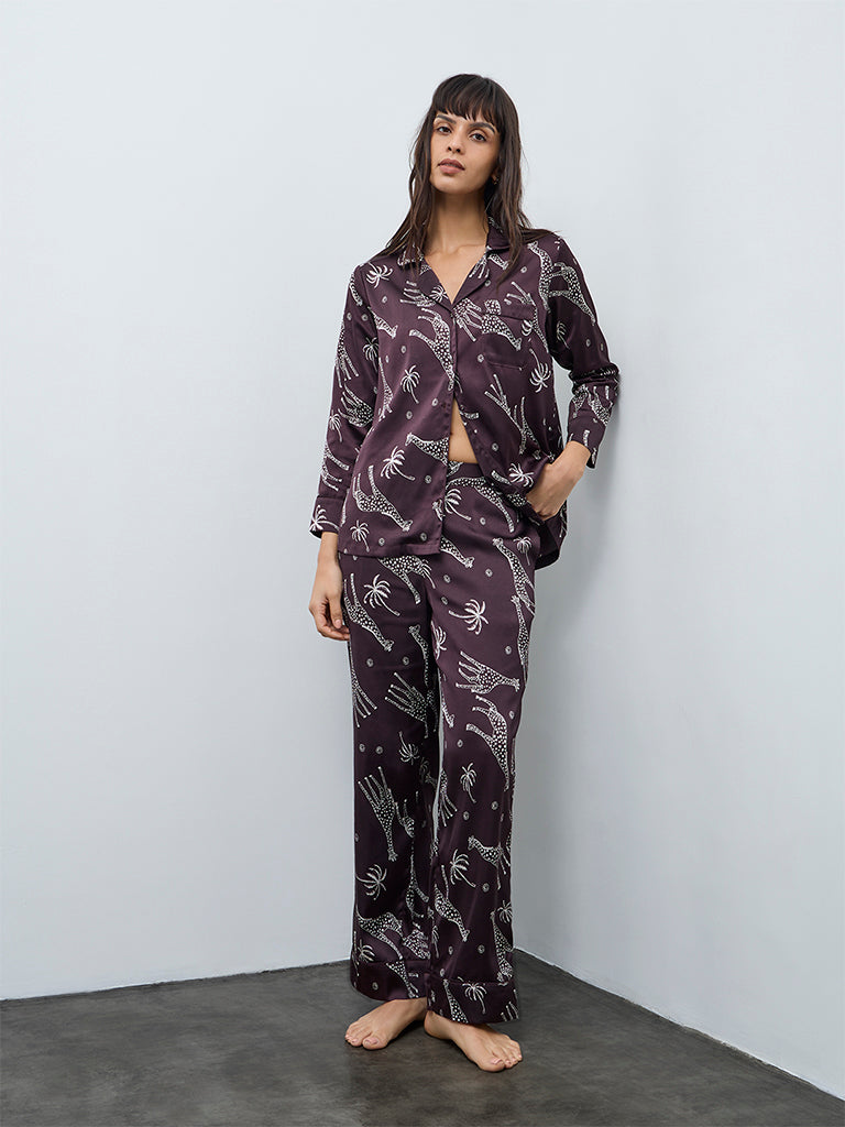 Wunderlove Dark Brown Animal Printed Shirt and Pyjama Set