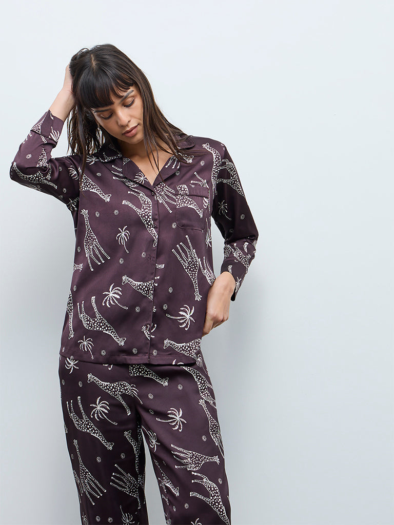 Wunderlove Dark Brown Animal Printed Shirt and Pyjama Set