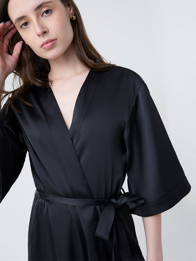 Wunderlove Black Satin Robe with Belt