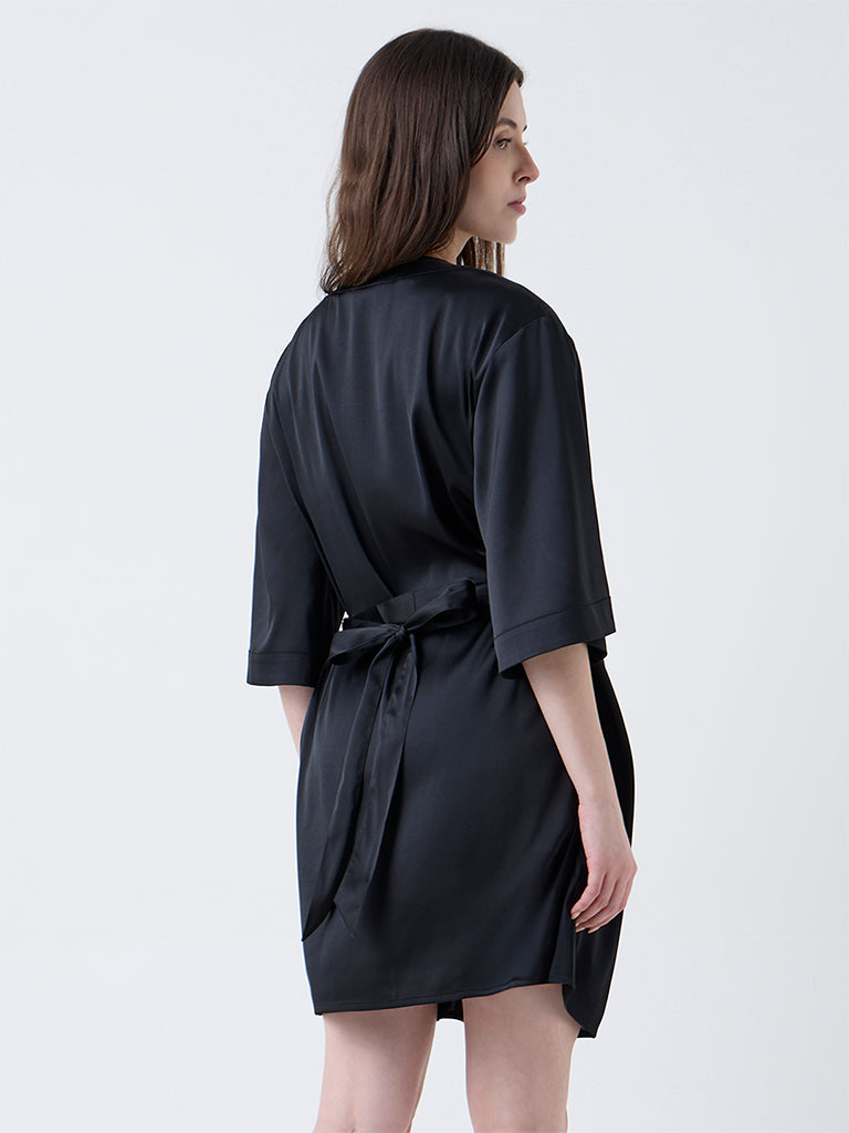 Wunderlove Black Satin Robe with Belt