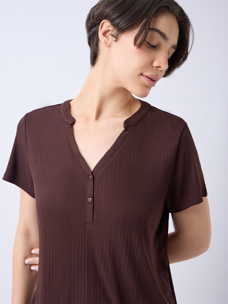 Wunderlove Dark Brown Ribbed-Textured Henley Top