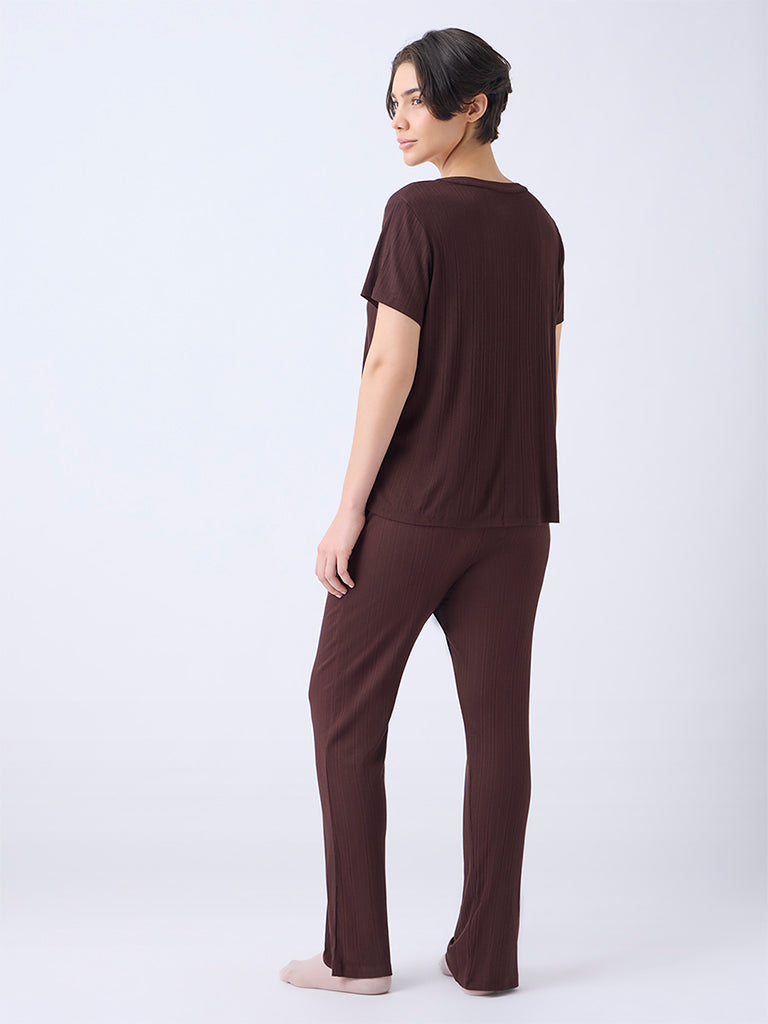 Wunderlove Dark Brown Ribbed-Textured Henley Top