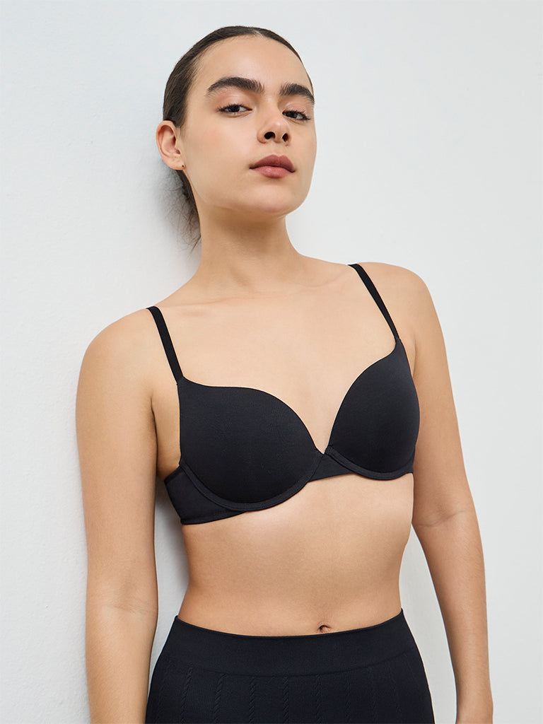 Superstar Black Under-wired Cotton Push-Up Bra