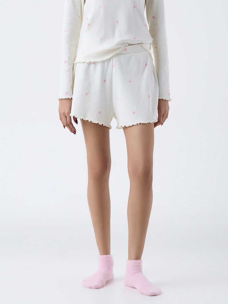 Superstar White Heart-Printed High-Rise Cotton-Blend Shorts