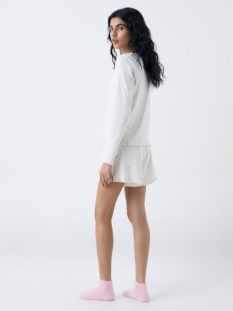 Superstar White Heart-Printed High-Rise Cotton-Blend Shorts