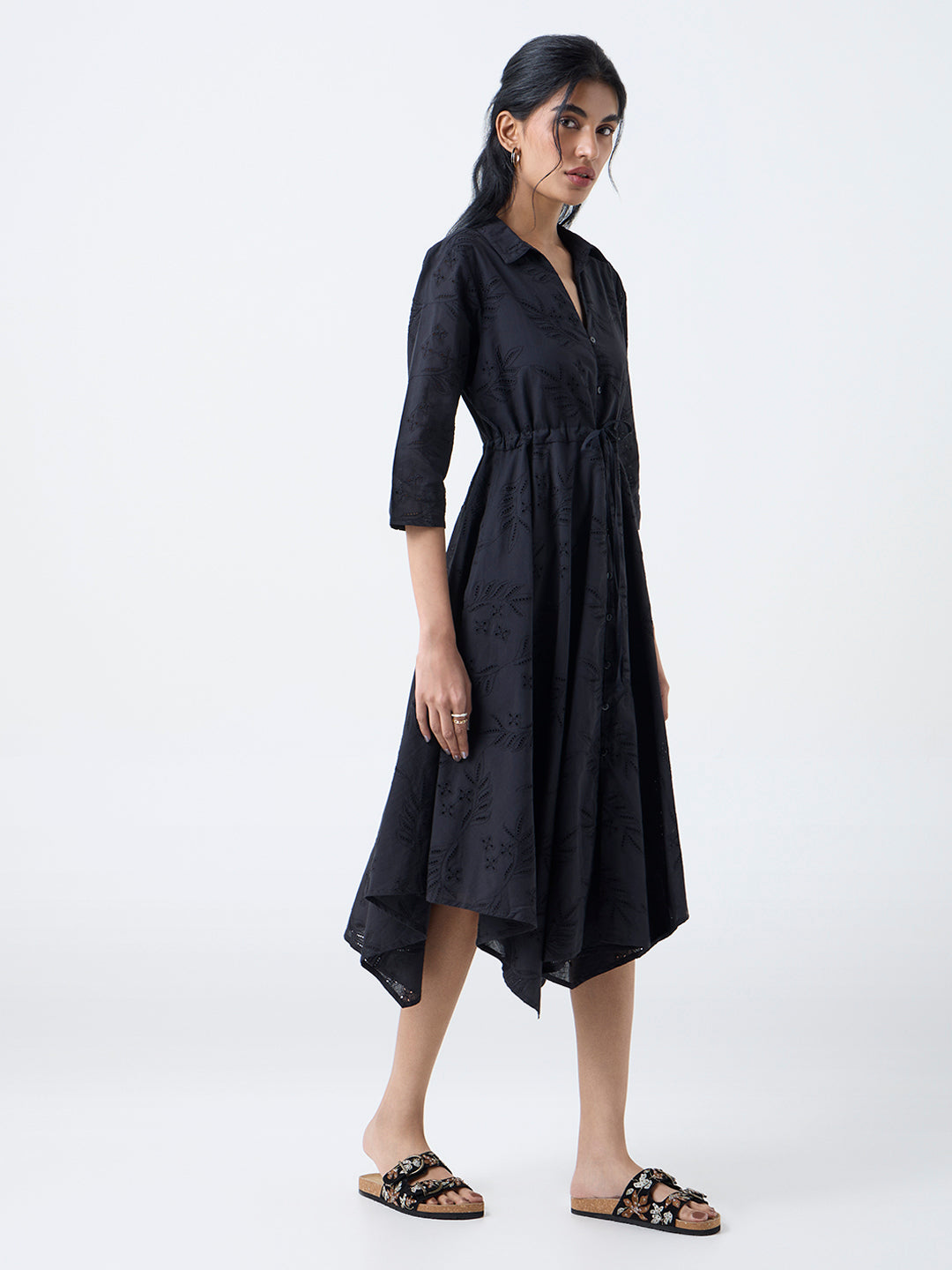 Bombay Paisley Black Schiffli Cotton Asymmetric Dress